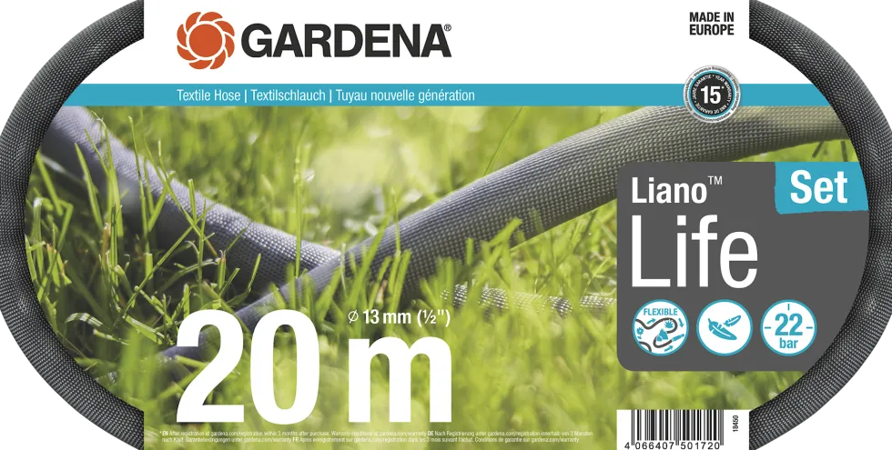 Gardena Textilslang Liano™ Life 20m 1/2" set med strålmunstycke