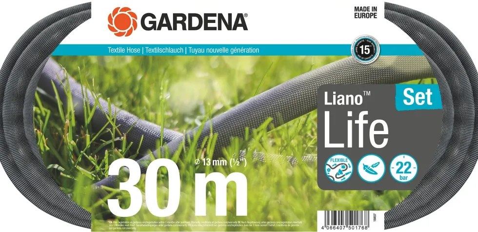 Gardena Textilslang Liano™ Life 30m 1/2" set med strålmunstycke