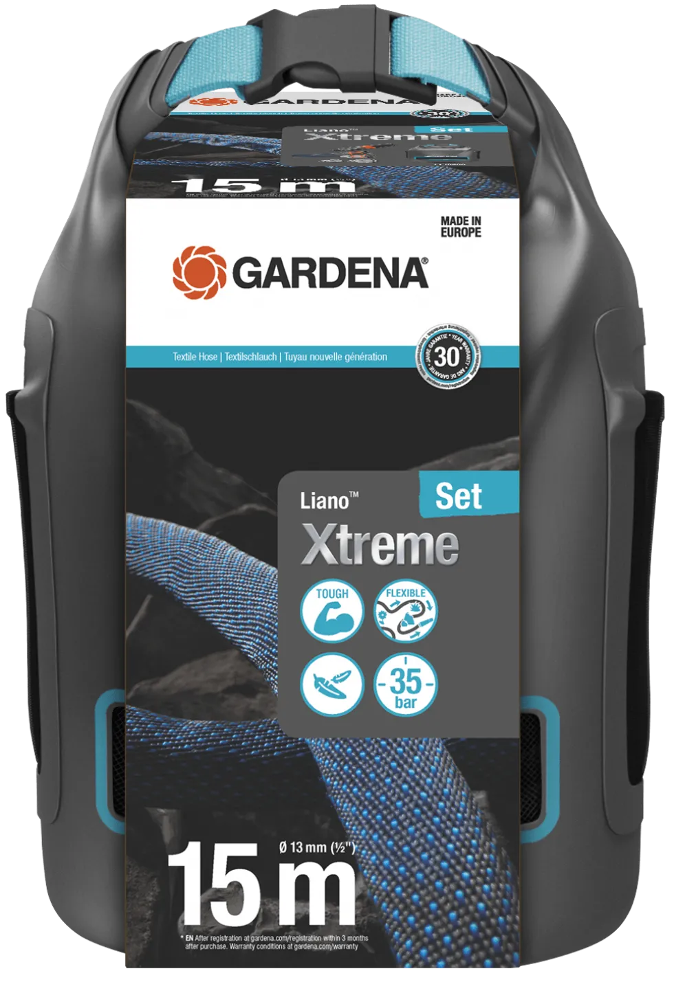 Gardena Textilslang Liano™ Xtreme 15 m 1/2" Set med strålmunstycke och förvaringsväska