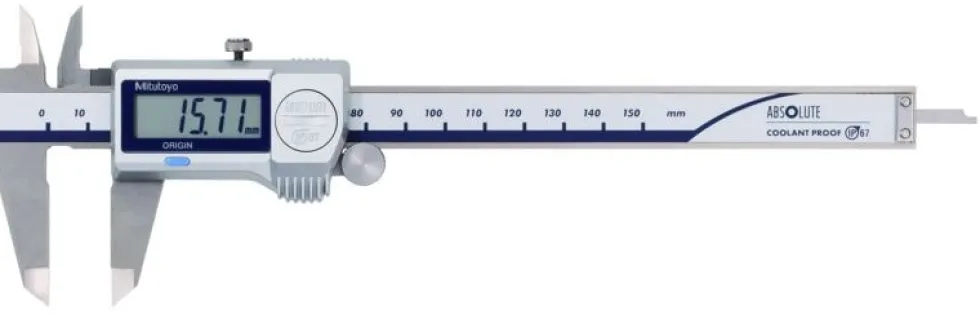 Mitutoyo ABSOLUTE Digimatic Skjutmått 500-702-20 CoolantProof 0-150mm, 0,01mm, flat sticka, IP67, friktionsrulle