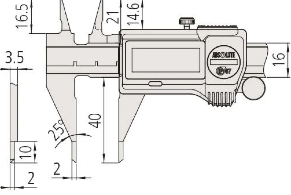 Mitutoyo ABSOLUTE Digimatic Spetsskjutmått 573-725-20 0-6in, 0,0005in smala skänkelspetsar, IP67, friktionsrulle, datautgång